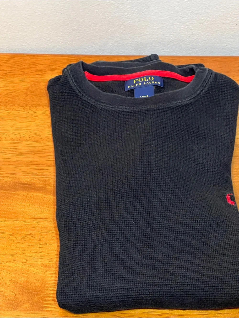 Polo by Ralph Lauren Navy Waffle-Knit Crewneck with Red Trim Size LARGE